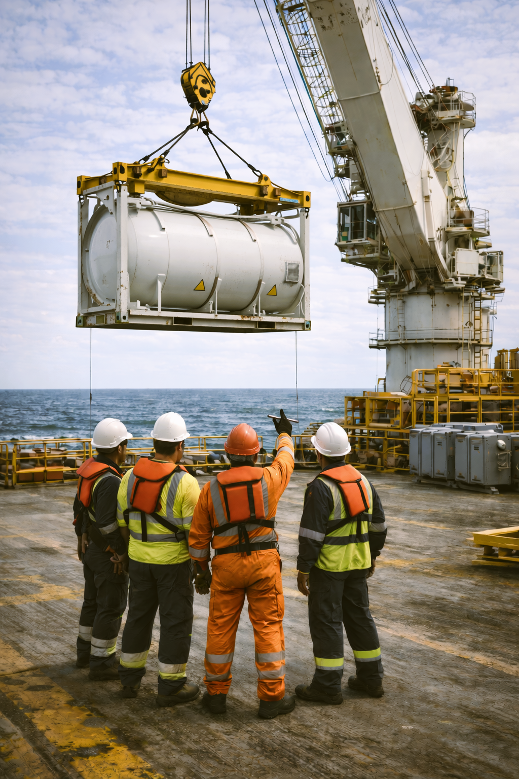chemical storage tank being lifted offshore e