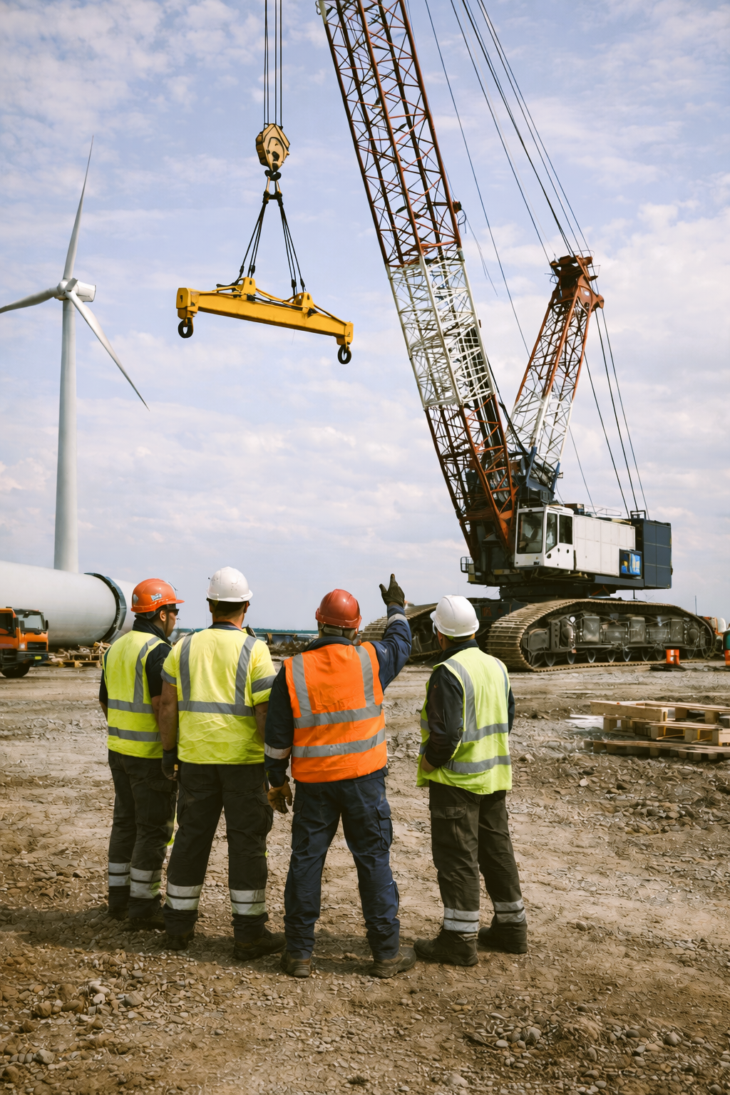 wind turbine construction site, lifting yoke suspended on the crane e